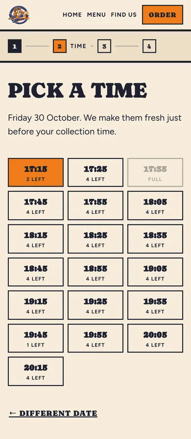 Pizza Bebbo slot picker on a phone, showing ten-minute slots with pizzas left in each